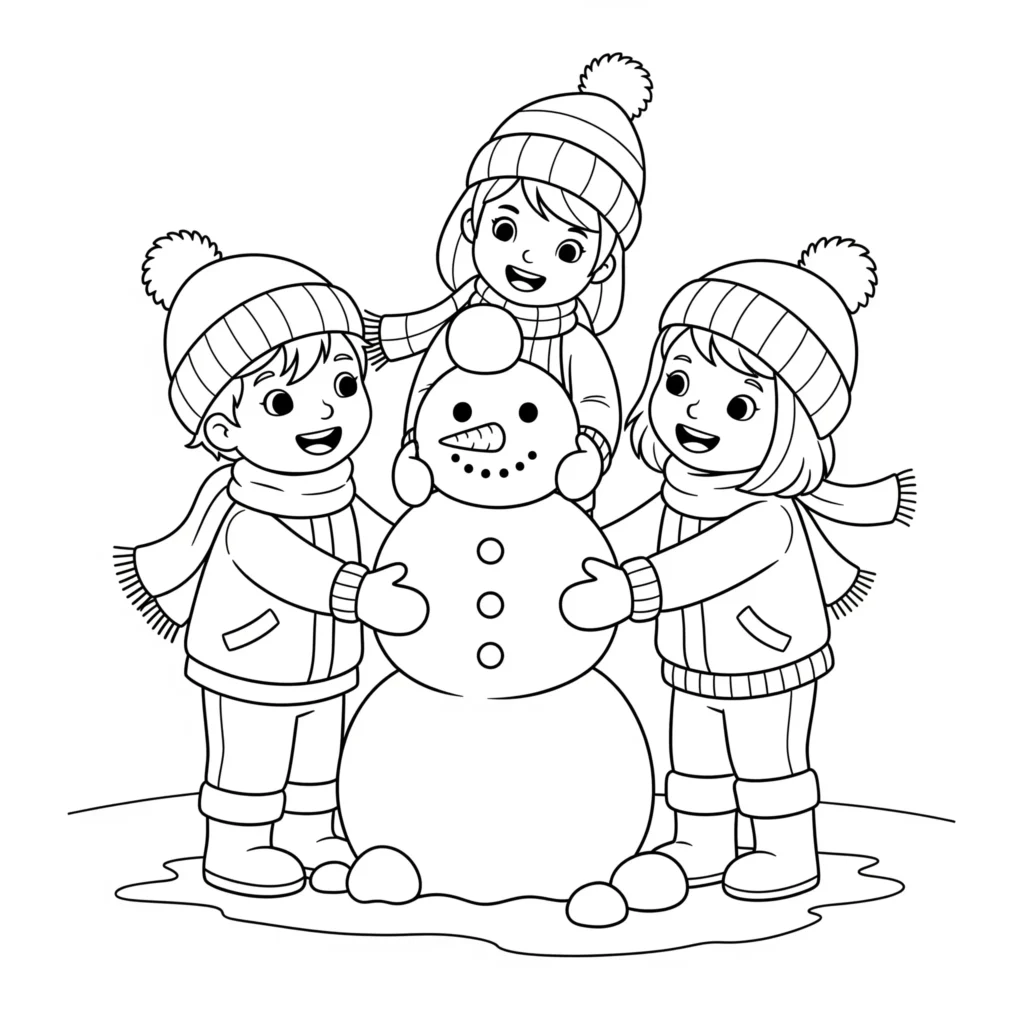 20+ Ausmalbilder Winter (Kostenlos Malvorlage zum Ausdrucken) Zwei Kinder mit Winterkleidung bauen gemeinsam einen Schneemann mit Mütze und Schal. Diese Vorlage ist ideal als Winter-Motiv zum Ausmalen.