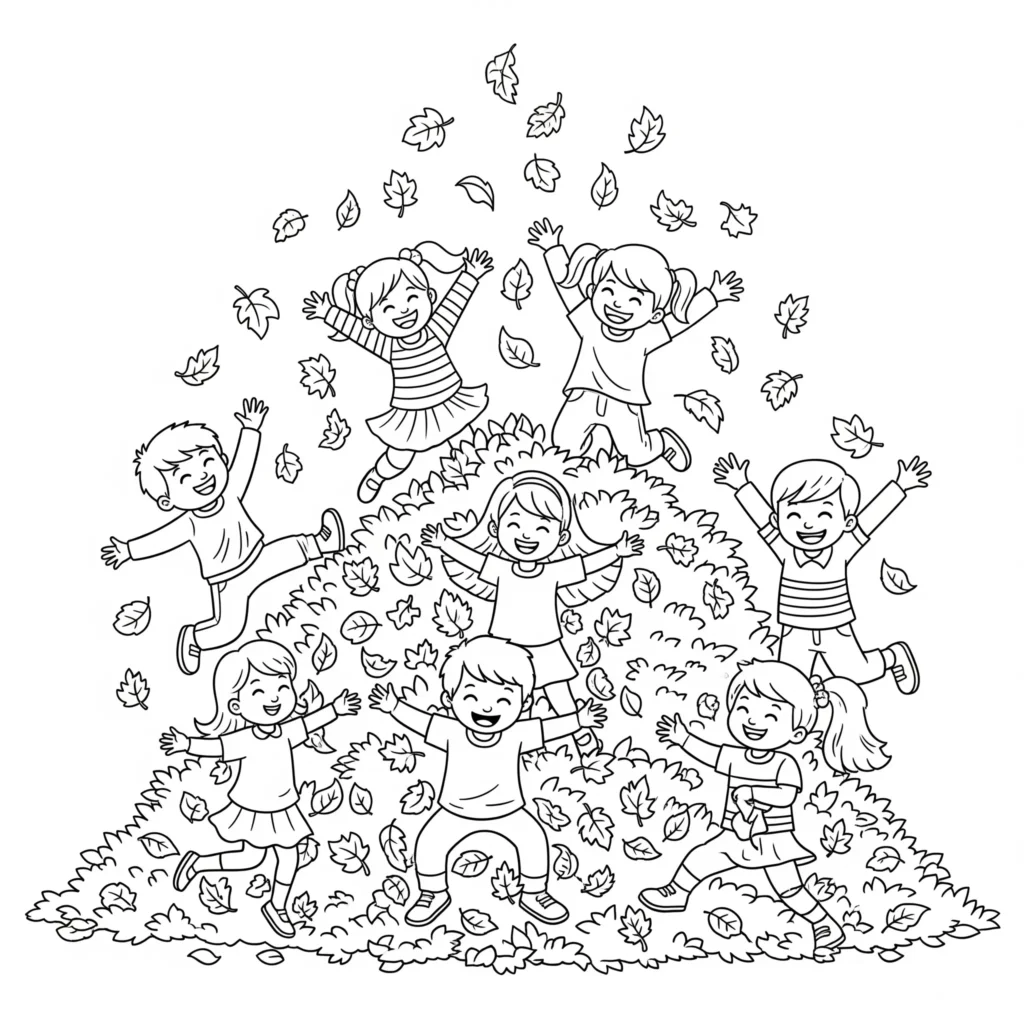 20+ Herbst Ausmalbilder (Kostenlos Malvorlage zum Ausdrucken) Zwei lachende Kinder springen in einen großen Haufen bunter Herbstblätter, während Blätter durch die Luft fliegen. Ein fröhliches Herbst Ausmalbild für Kinder.