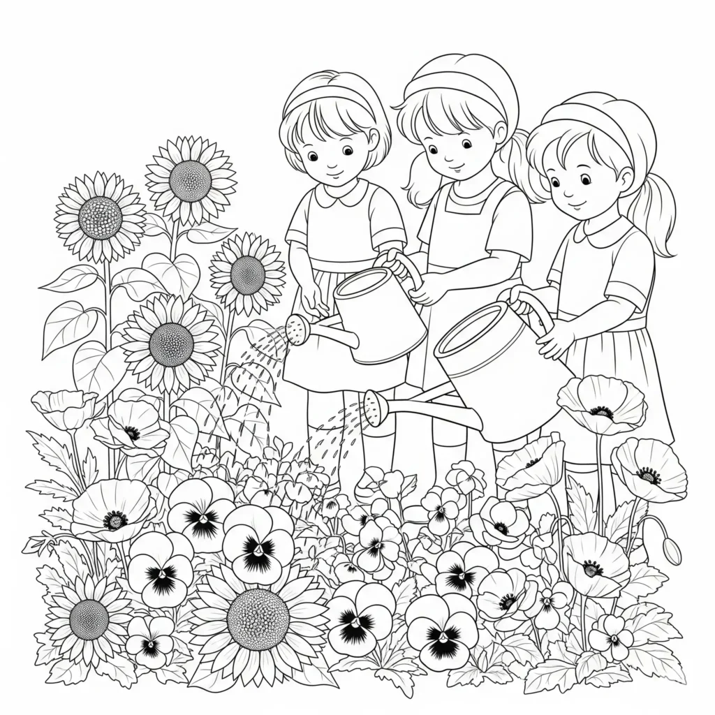 30+ Blumen Ausmalbilder (Gratis Malvorlage zum Ausdrucken) Ausmalbild mit Kindern, die im Garten Blumen gießen, als PDF Vorlage zum Ausdrucken für kreative Malstunden