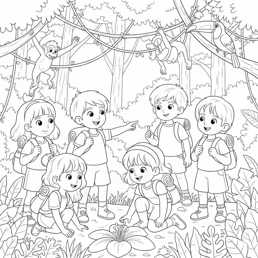 20 Dschungel Ausmalbilder (Gratis Malvorlage zum Ausdrucken) Malvorlage mit Kindern auf einem spannenden Abenteuer im Dschungel, geeignet zum kostenlosen Ausdrucken für Kinder und Erwachsene