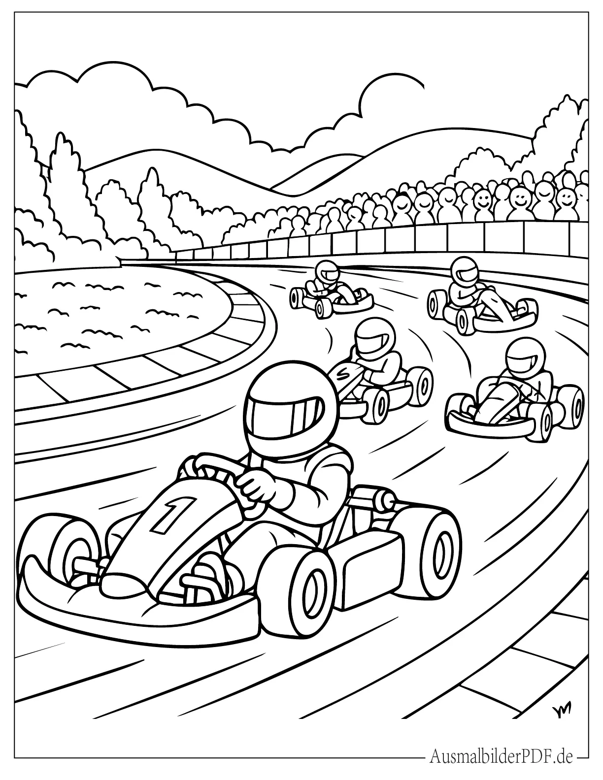 Kinder fahren Gokart Rennen Ausmalbild