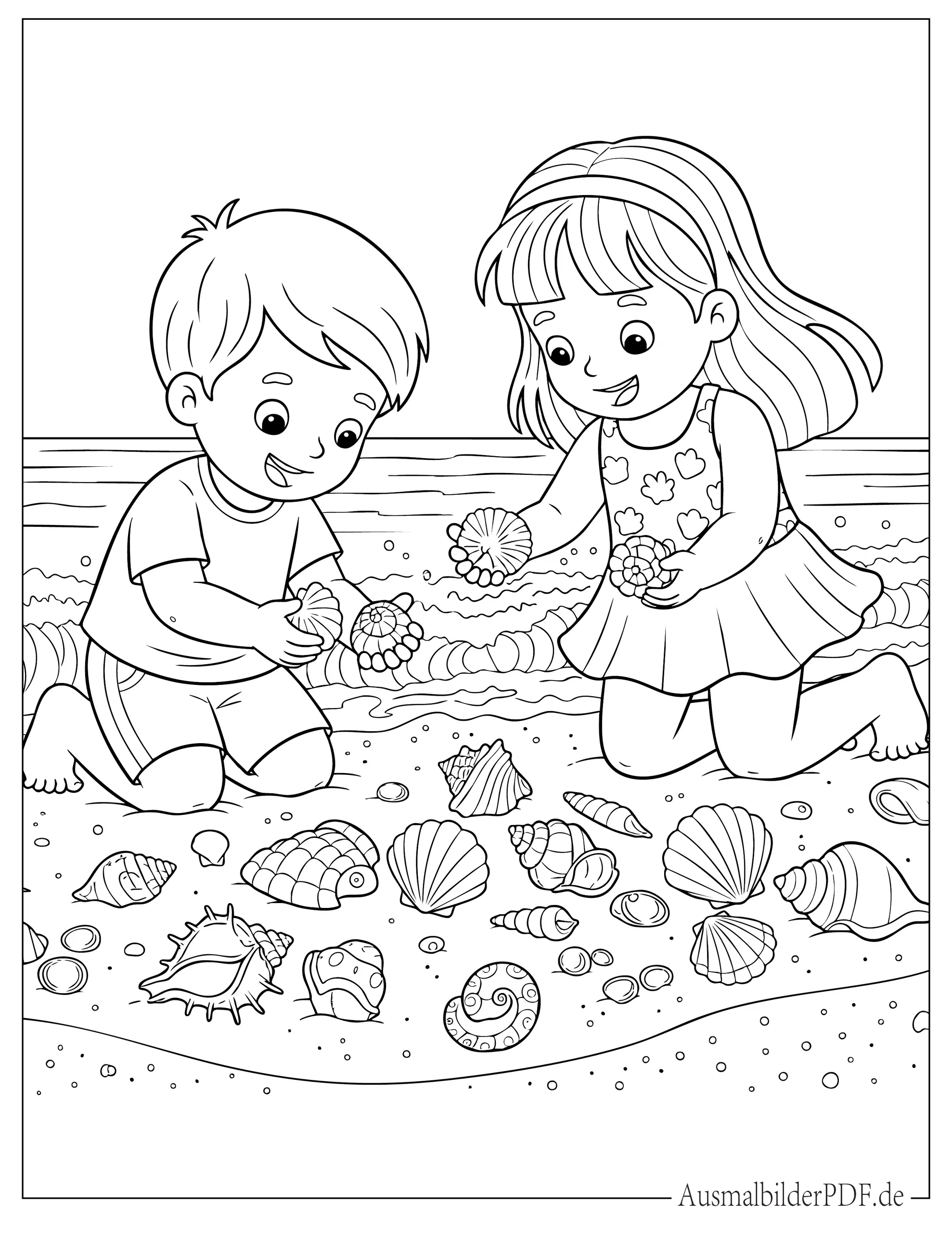 16 Strand Ausmalbilder (Gratis Malvorlagen zum Ausdrucken) Kinder finden Muscheln am Strand Ausmalbild