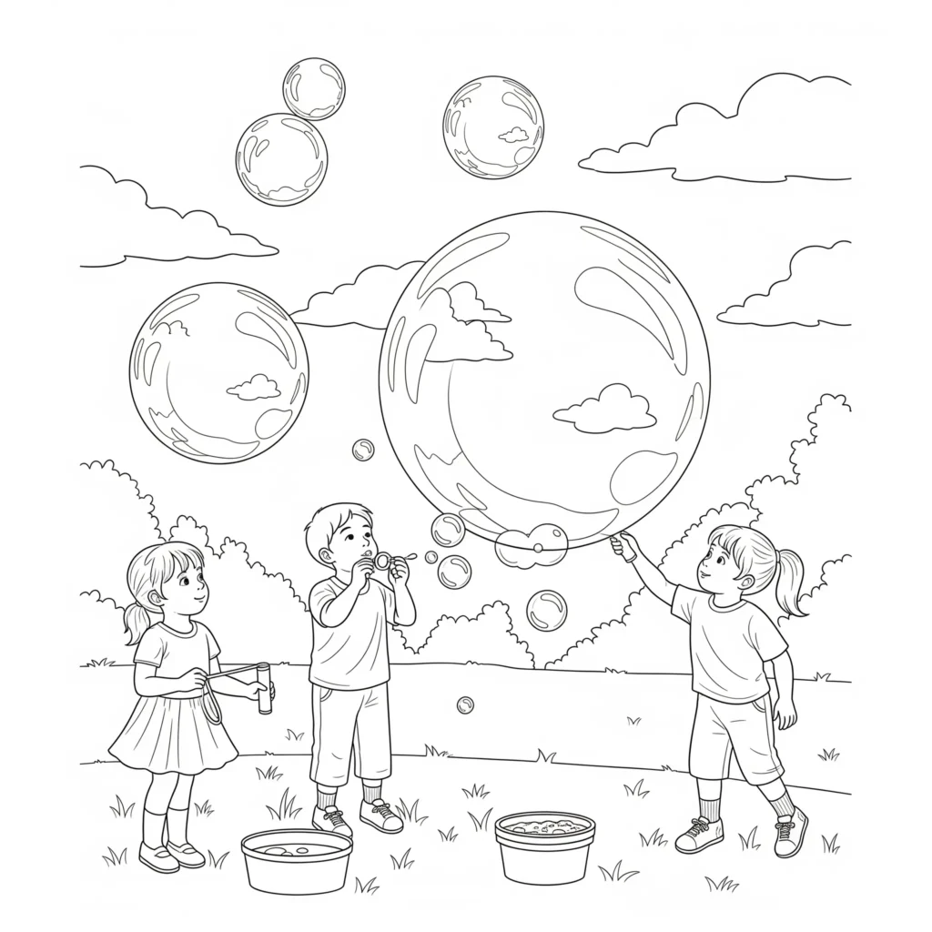Kinder stehen im Garten und pusten Seifenblasen in die Luft unter blauem Himmel sommer ausmalbilder kostenlos zum ausdrucken für kinder