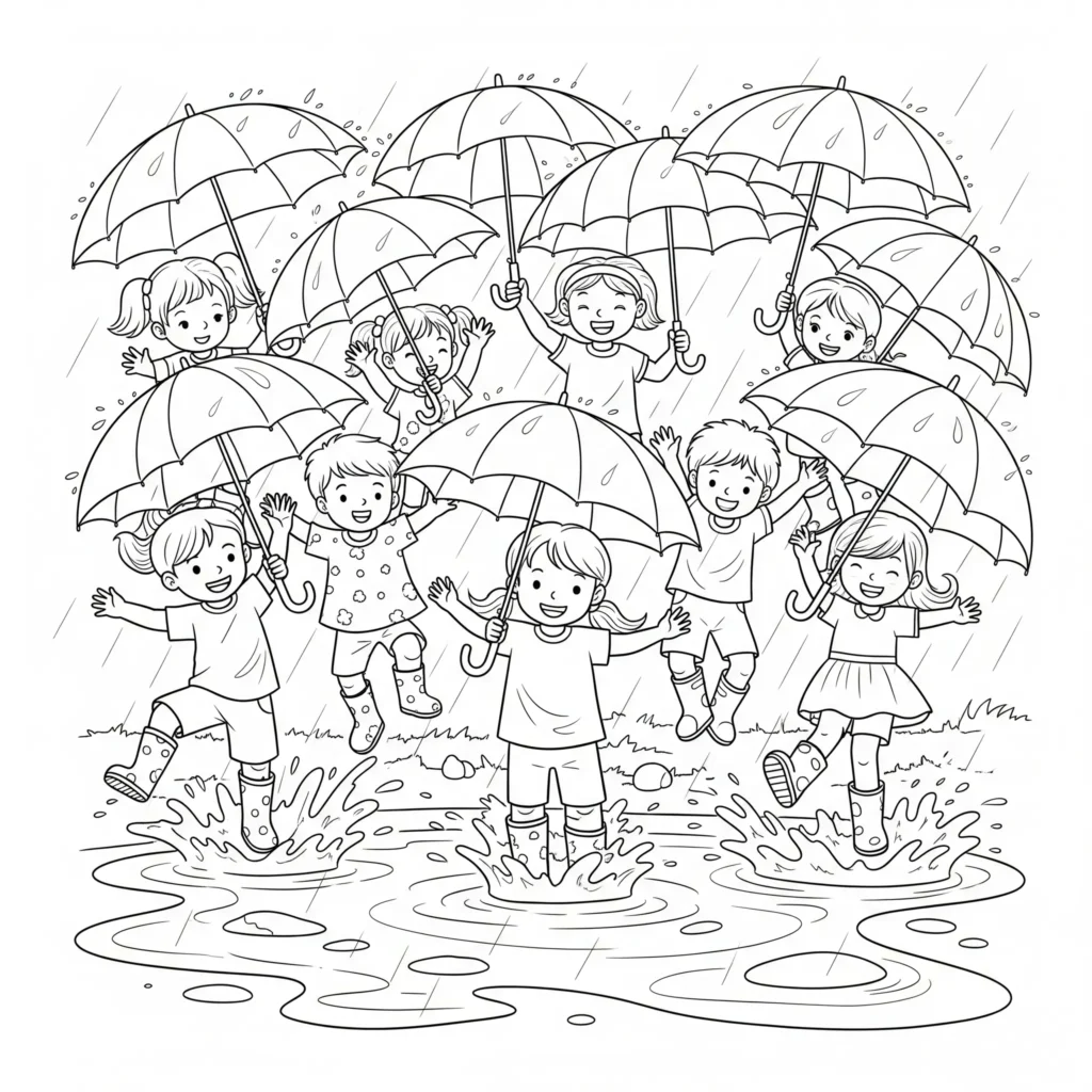 Ausmalbild zeigt Kinder mit Gummistiefeln, die fröhlich in einer Pfütze im Regen springen, zum Ausdrucken und Ausmalen für Kinder