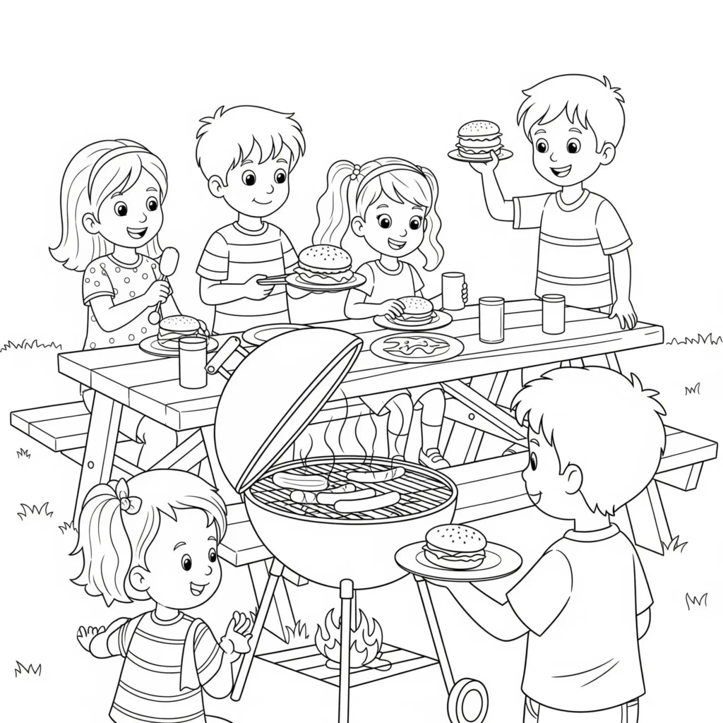 Gruppe von Kindern genießt einen Sommertag im Freien mit Spielen, Sonnenbrillen und Eis – sommer ausmalbilder kostenlos und sommer malvorlage kinder