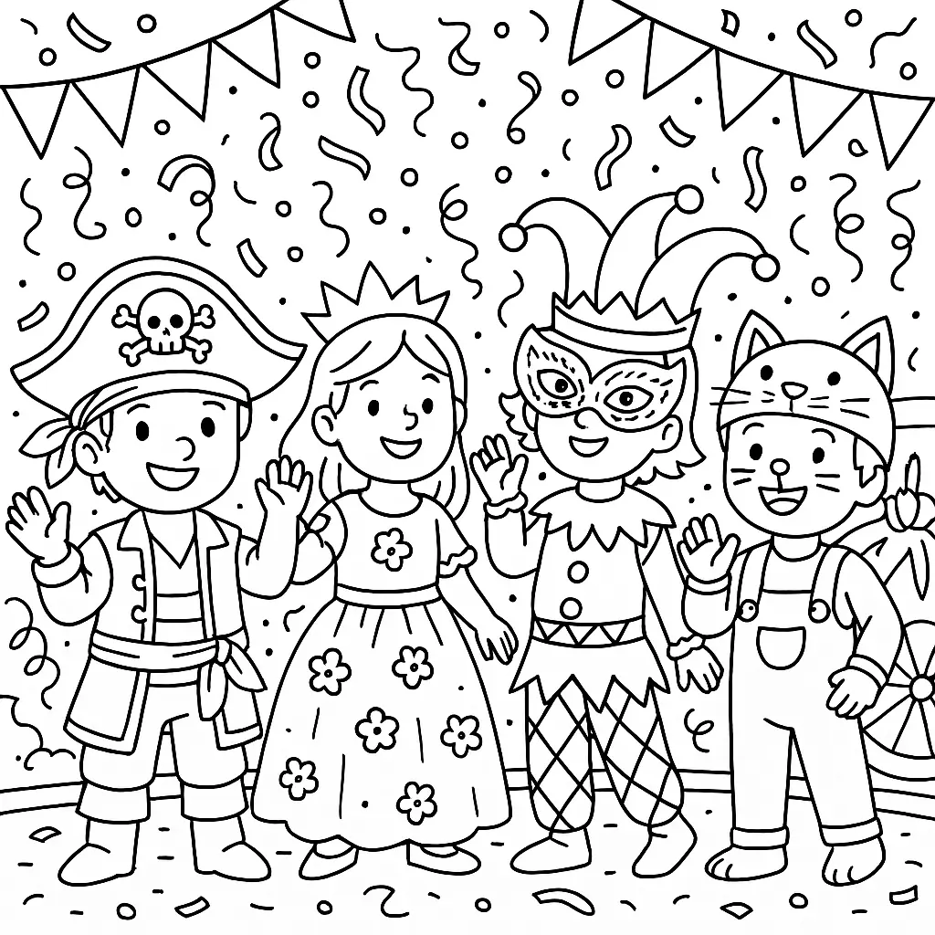 Kinder Karneval Ausmalbild mit verkleideten Kindern als Clown, Prinzessin, Pirat und Katze – fröhliche Szene zum Ausmalen