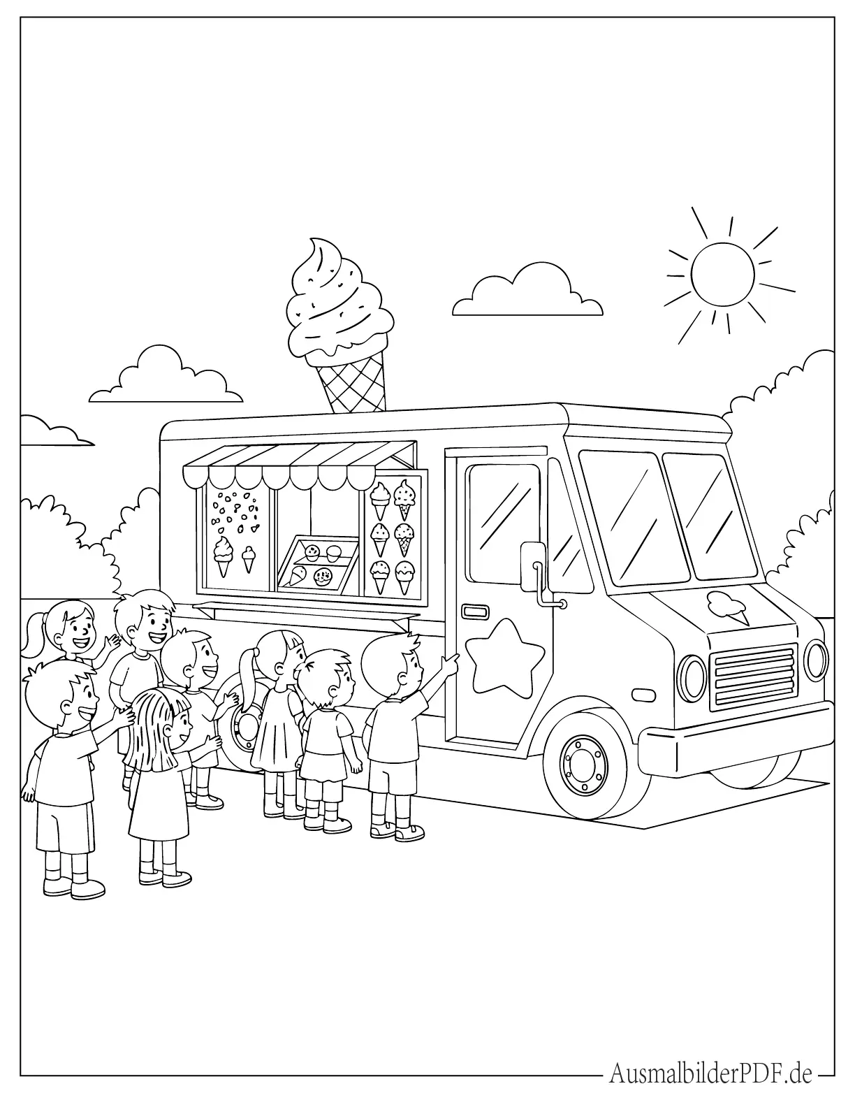 Kinder kaufen Eis vom Eiswagen Malvorlage