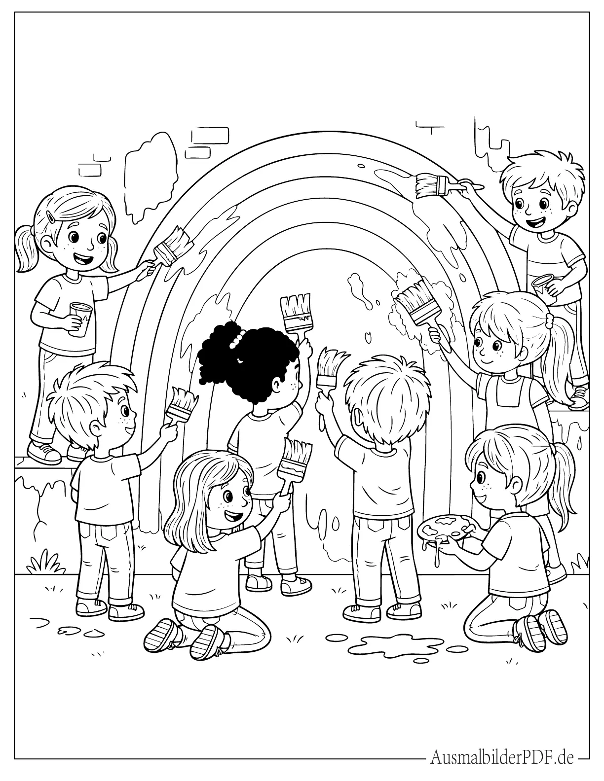 20 Regenbogen Ausmalbilder (Gratis Malvorlagen zum drucken) Kinder malen einen Regenbogen auf eine riesige Wand Malvorlage