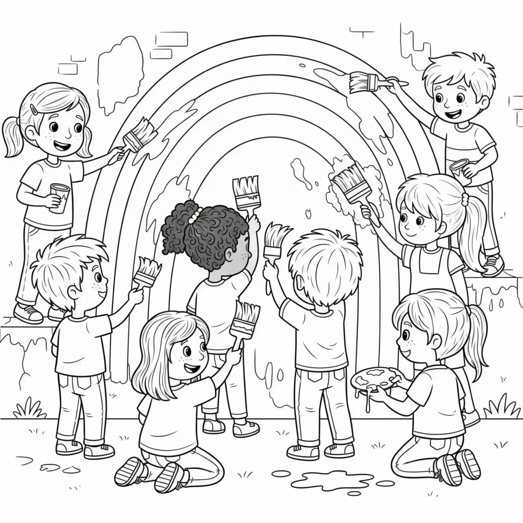 Mehrere Kinder stehen vor einer großen Wand und malen gemeinsam einen Regenbogen – kreatives Ausmalbild zum Ausdrucken im PDF-Format