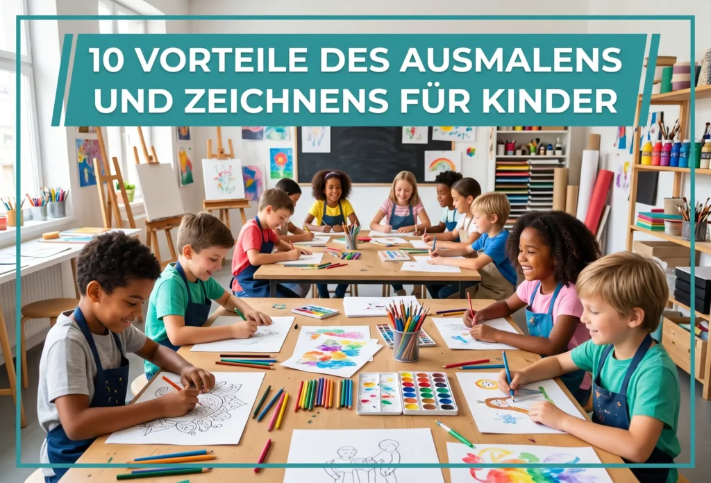 Viele Kinder malen und zeichnen gemeinsam im Kunstraum und gestalten kreative Kunstwerke.