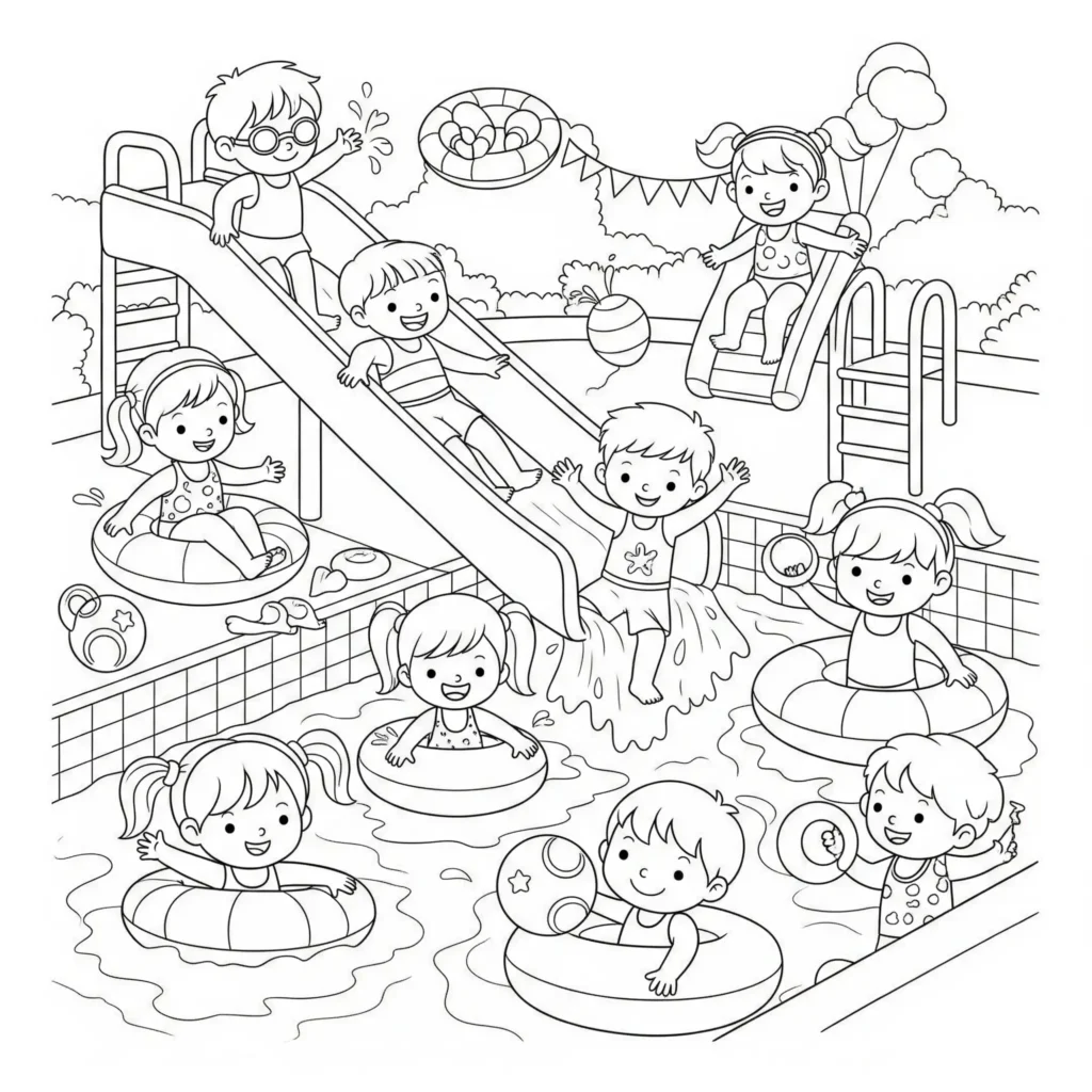 Mehrere Kinder planschen im aufblasbaren Pool im Garten unter der Sommersonne sommer ausmalbilder zum ausdrucken kostenlos für kinder