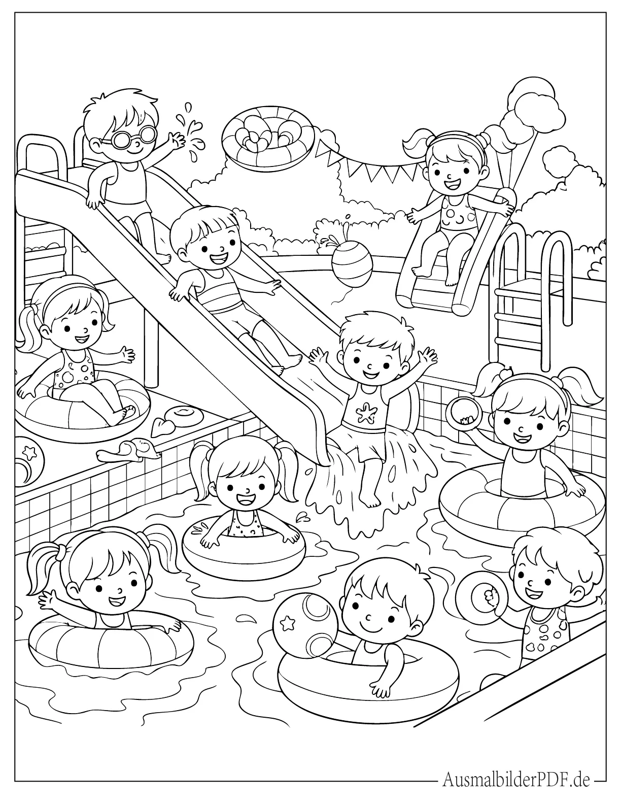 Kinder rutschen und haben Spaß im Pool Ausmalbild