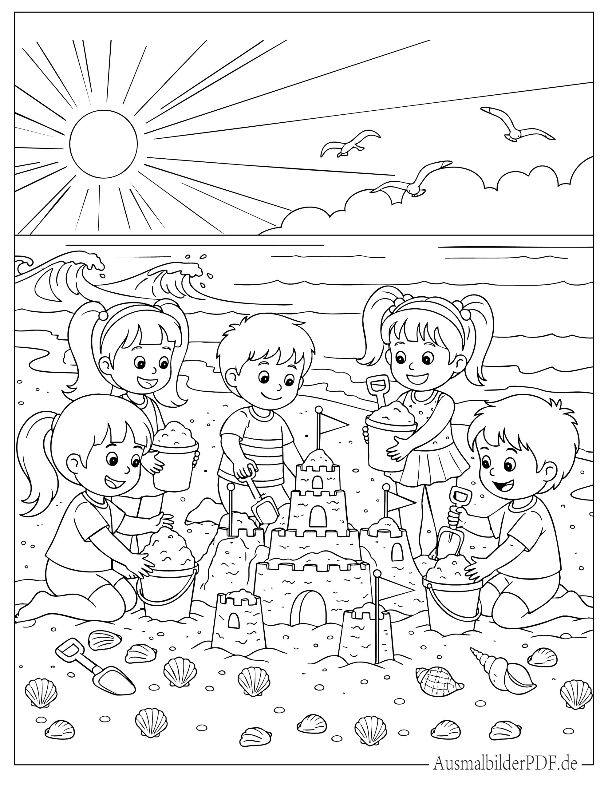 16 Strand Ausmalbilder (Gratis Malvorlagen zum Ausdrucken) Ausmalbild von Kindern bauen eine Sandburg am Strand