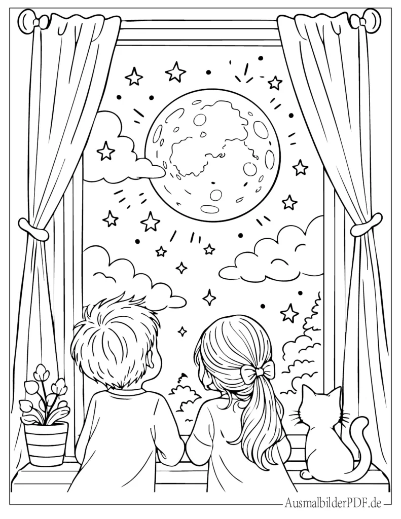 Malvorlage mit Kindern am Fenster, die den Mond beobachten, ruhiges Ausmalbild für Kinder zum Ausdrucken