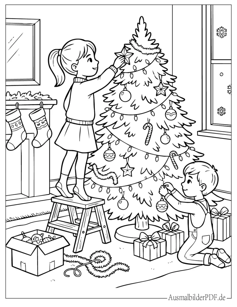 10 Weihnachtsbaum Ausmalbilder (Gratis zum Ausdrucken) Kinder beim Dekorieren eines Weihnachtsbaums, liebevolles Ausmalblatt für Kinder zum Drucken