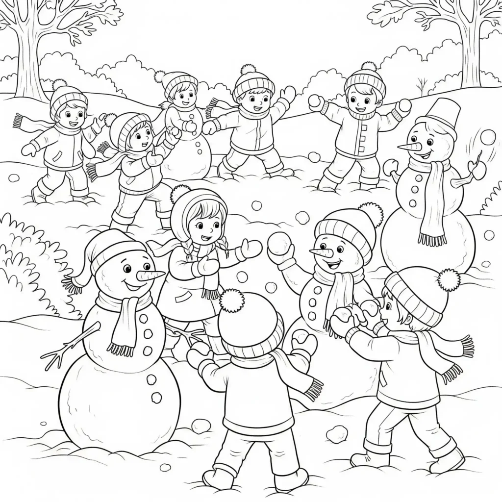 20+ Ausmalbilder Winter (Kostenlos Malvorlage zum Ausdrucken) Ausmalbild mit mehreren Kindern, die sich eine fröhliche Schneeballschlacht liefern. Winterliche Szene zum Ausdrucken für kreative Malmomente.