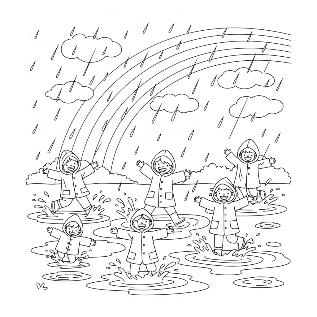 Ausmalbild zeigt Kinder, die im Regen spielen und Spaß haben, perfekt zum kostenlosen Ausdrucken für Kinder und Erwachsene