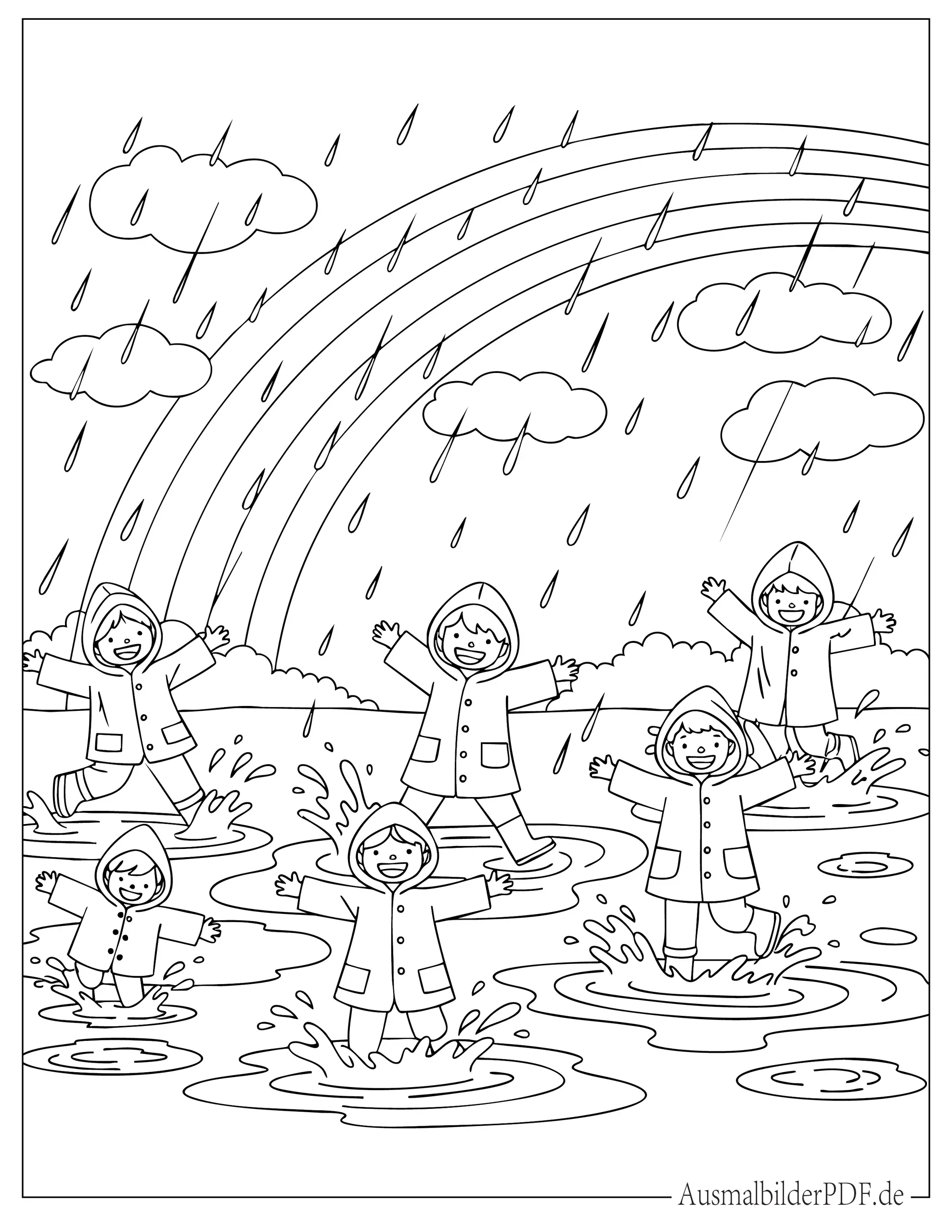 Kinder genießen den Regen Malvorlage