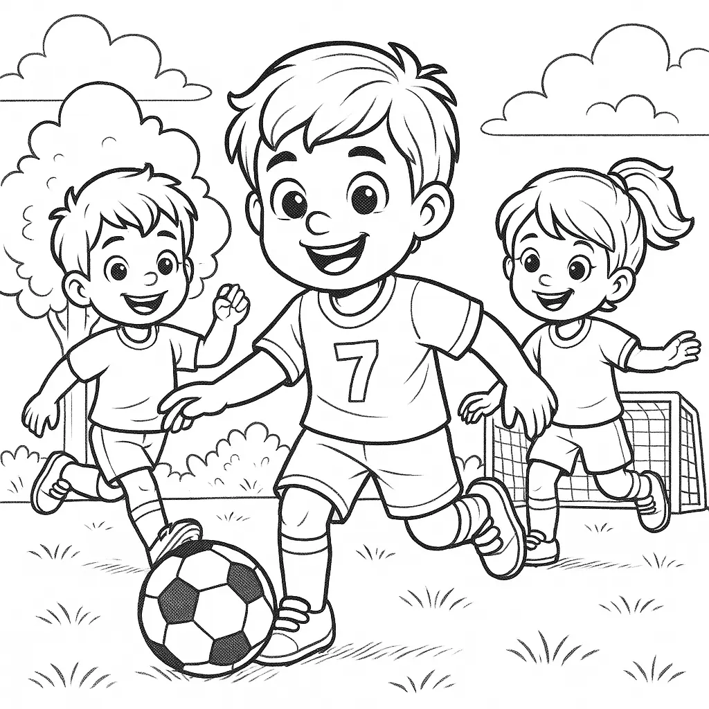 Kinder spielen Fussball auf dem Spielfeld mit Toren und Bäumen im Hintergrund.