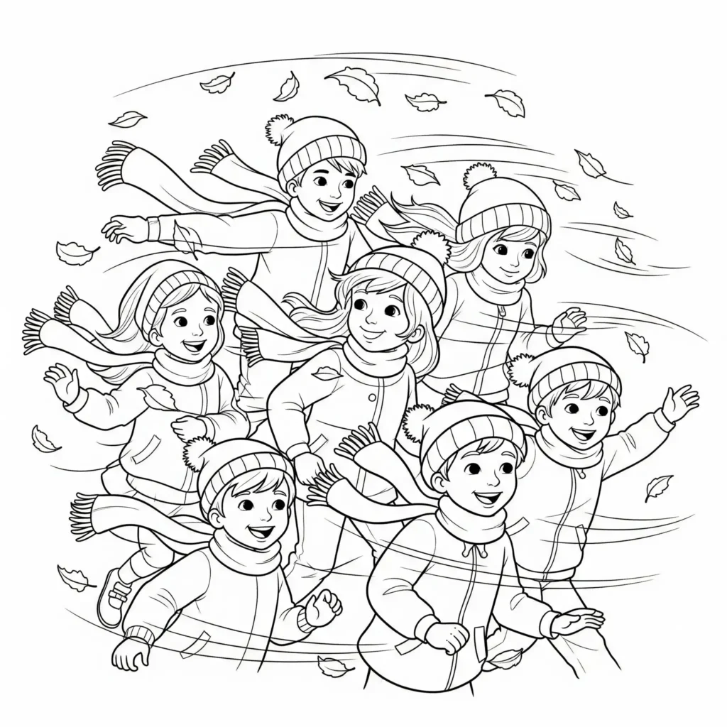 20+ Herbst Ausmalbilder (Kostenlos Malvorlage zum Ausdrucken) Zwei Kinder rennen und spielen im Wind, während ihre Haare und Kleidung im Herbstwind wehen. Kinder können die Szene bunt ausmalen und die Bewegung darstellen.