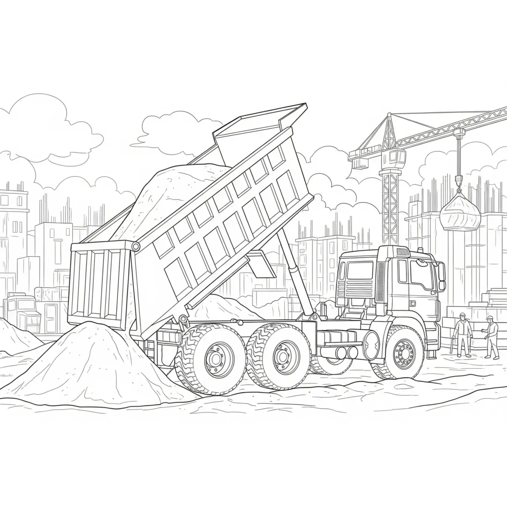 Kipplaster LKW Malvorlage auf einer Baustelle mit Sandhaufen, ideal zum Ausdrucken für Kinder, die Baumaschinen mögen
