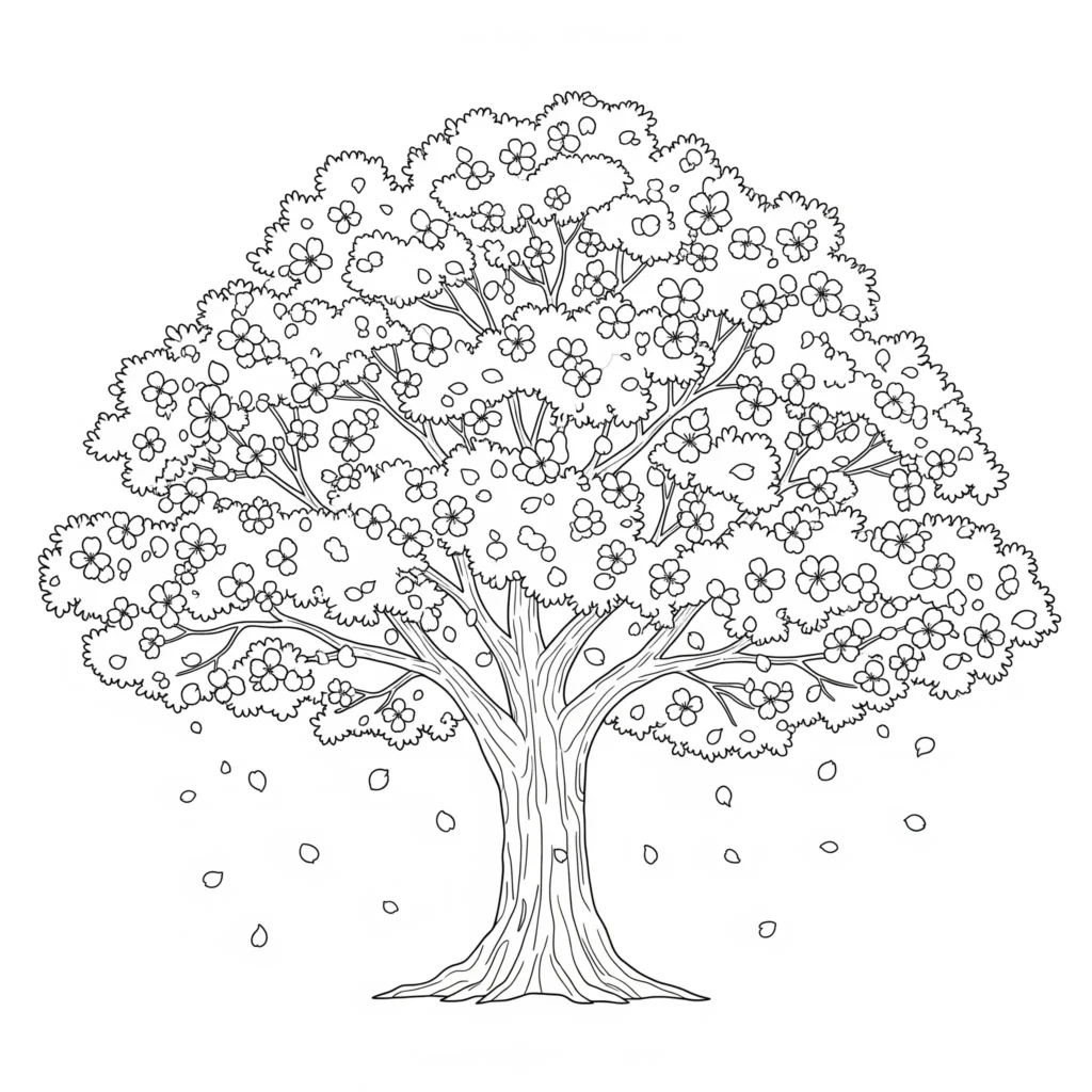 Ausmalbild zeigt einen blühenden Kirschbaum im Frühling mit vielen zarten Blüten, ideal zum Ausdrucken und Ausmalen