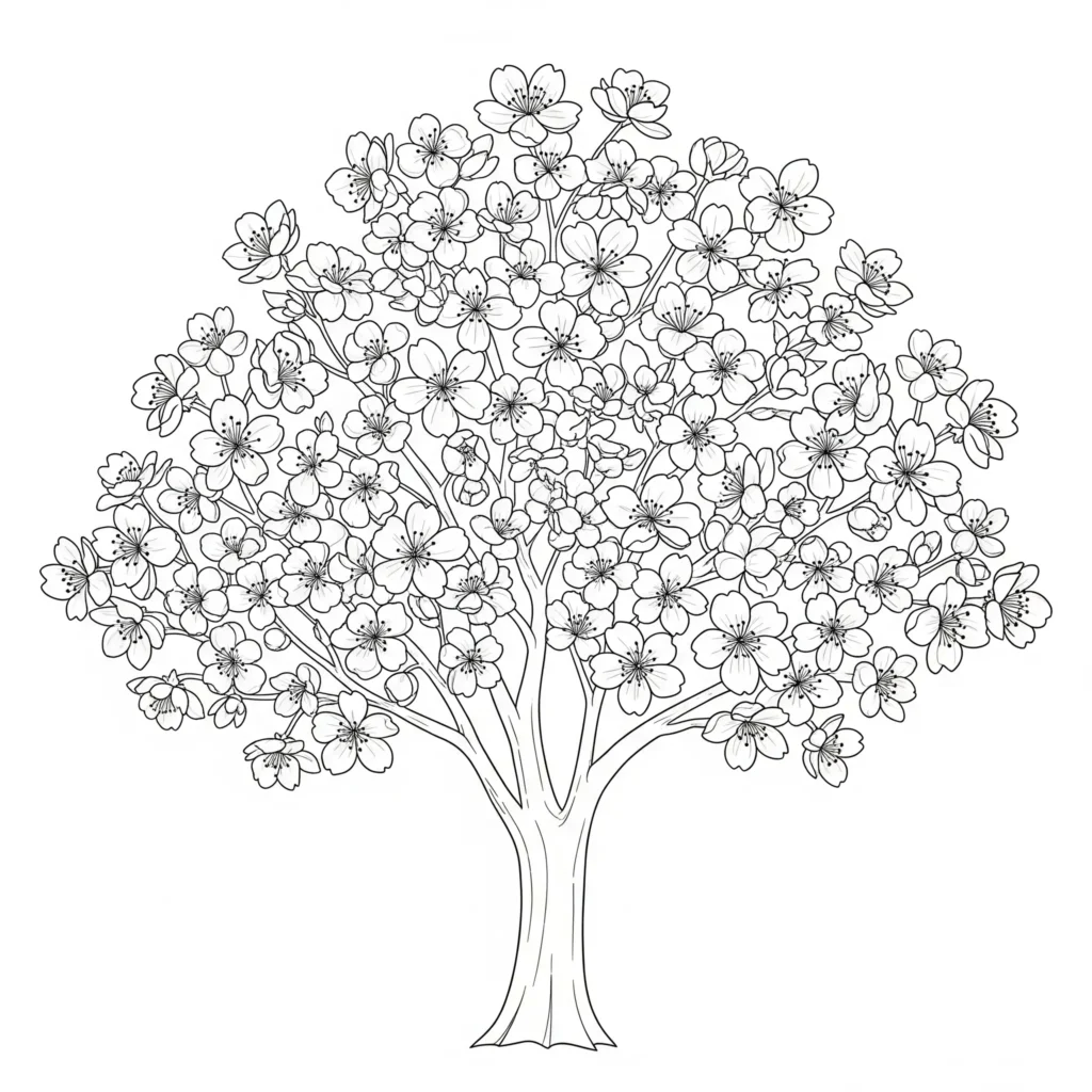 30+ Blumen Ausmalbilder (Gratis Malvorlage zum Ausdrucken) Ausmalbild mit einem blühenden Kirschblütenbaum als PDF zum Ausdrucken, geeignet für Kinder und Erwachsene