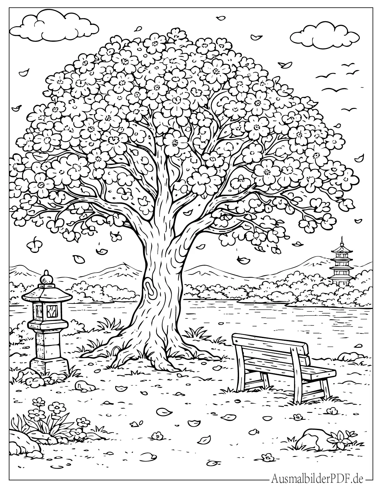 Zarte rosa Kirschblüten an einem blühenden Baum im Frühling wunderschön zum Ausmalen für Groß und Klein.