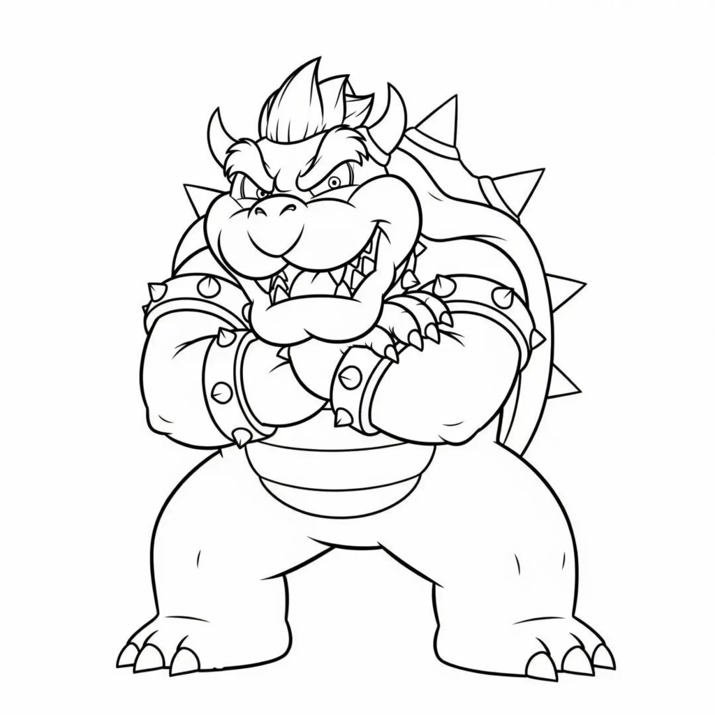 Klassischer Bowser als Ausmalbild zum Ausdrucken, kostenlose Malvorlage für Kinder und Erwachsene