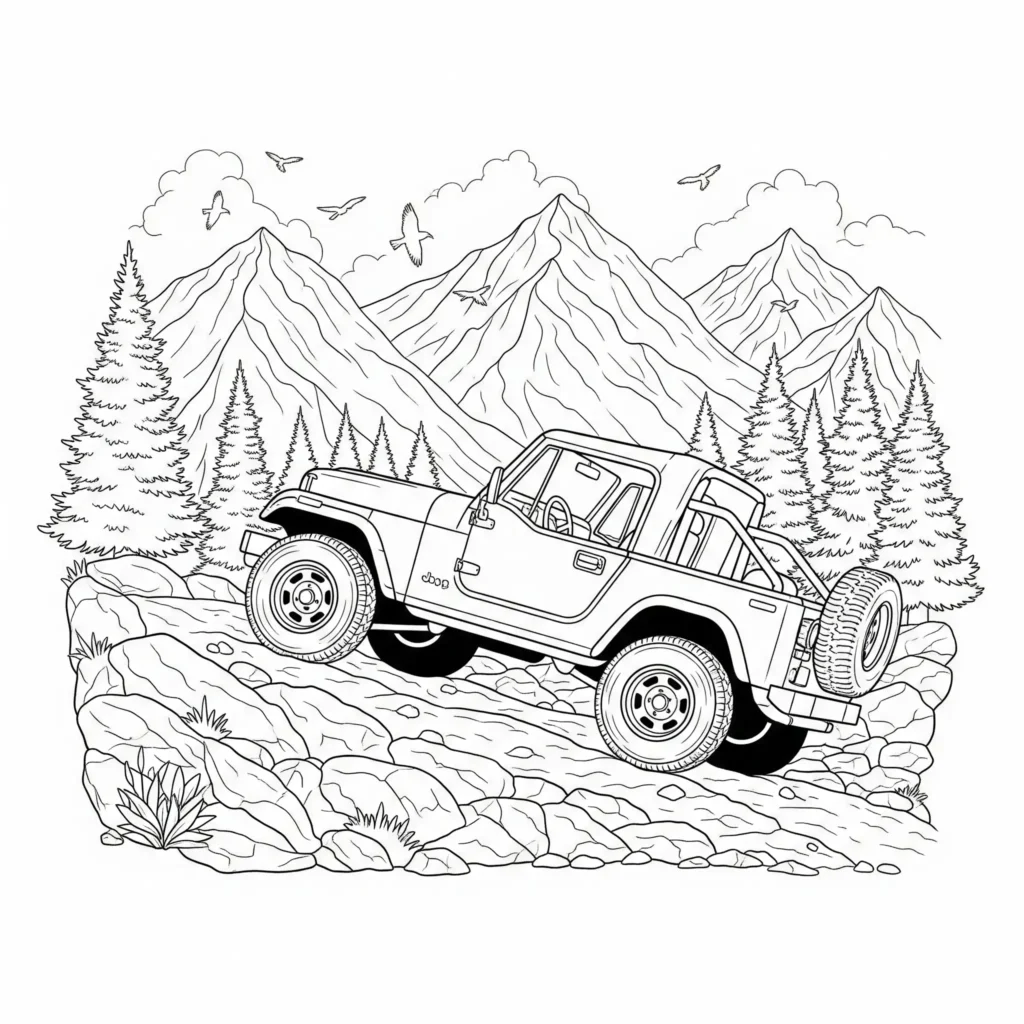 Jeep Ausmalbilder (Kostenlos Malvorlage zum Ausdrucken) Jeep Malvorlage zeigt einen Classic Jeep in den Bergen, zum Ausdrucken für Kinder, ideal zum Ausmalen und kreativ werden