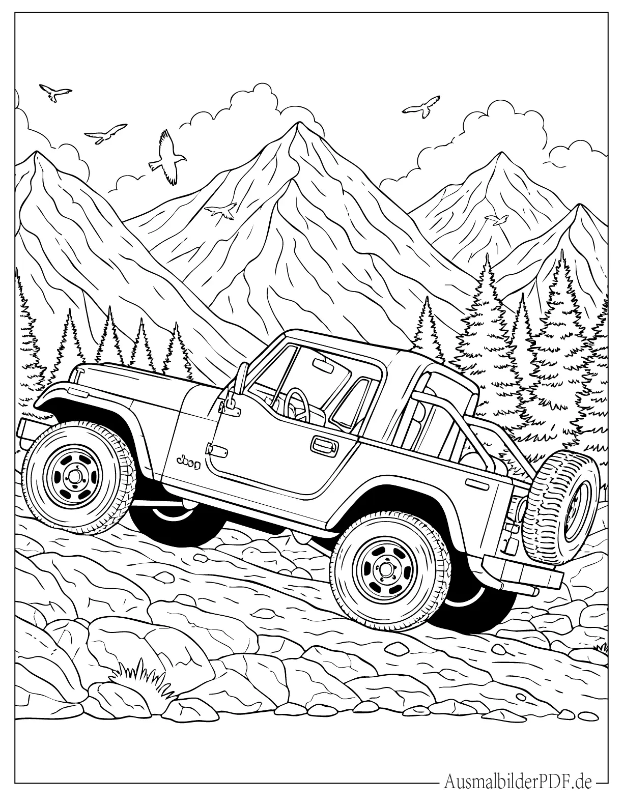 Klassischer Jeep im Gelände Ausmalbild zum Ausdrucken