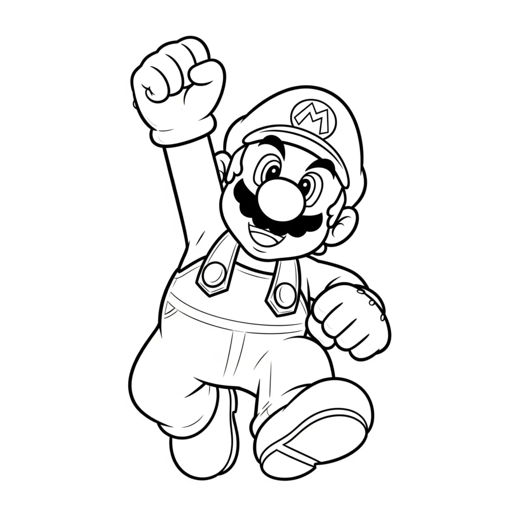 Ausmalbild zeigt Mario in seiner klassischen Sprungpose mit erhobener Faust – perfekt für Kinder zum Ausdrucken und Ausmalen