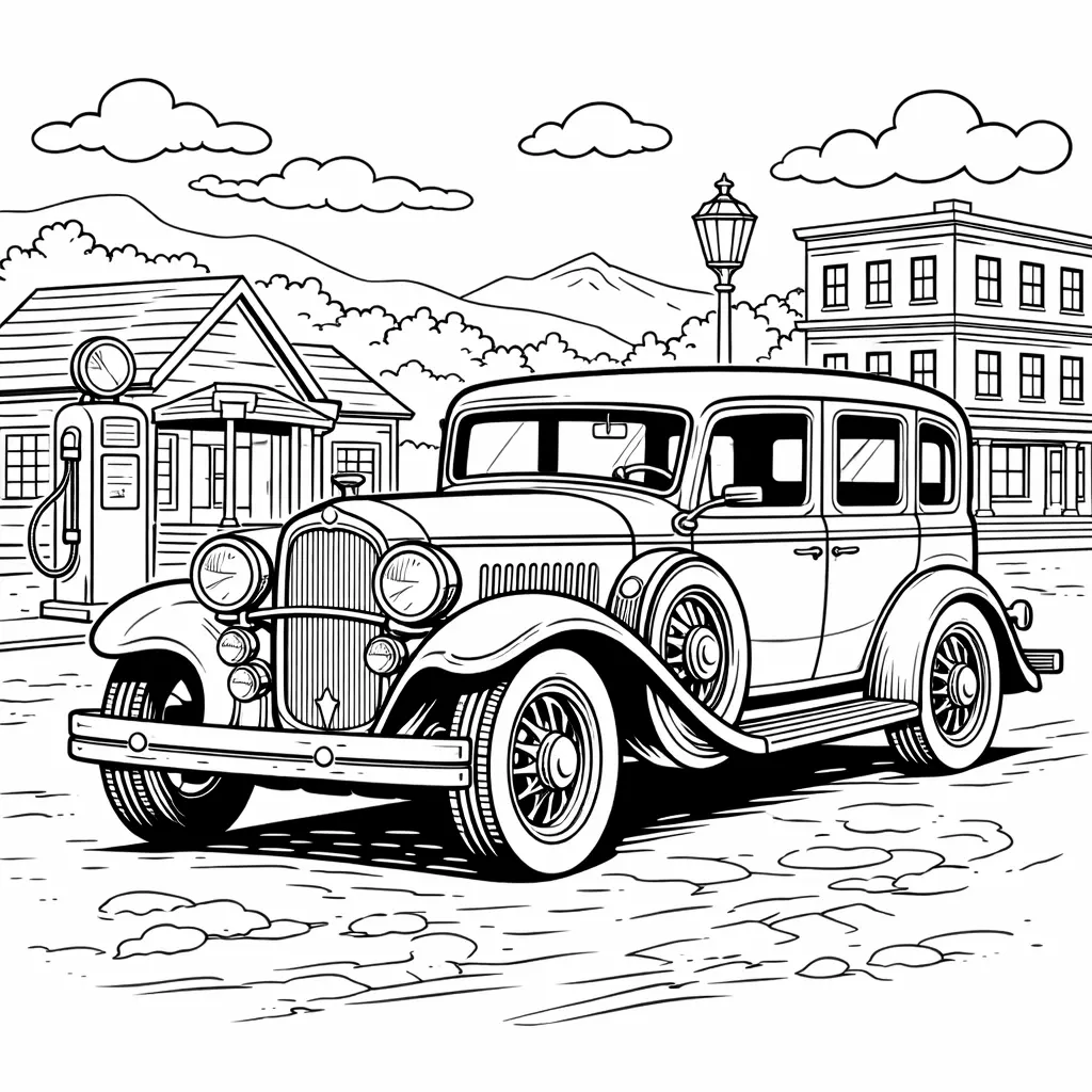 Detailliertes klassisches Vintage Auto in diesem Ausmalbild zum Ausdrucken für Kinder und Erwachsene