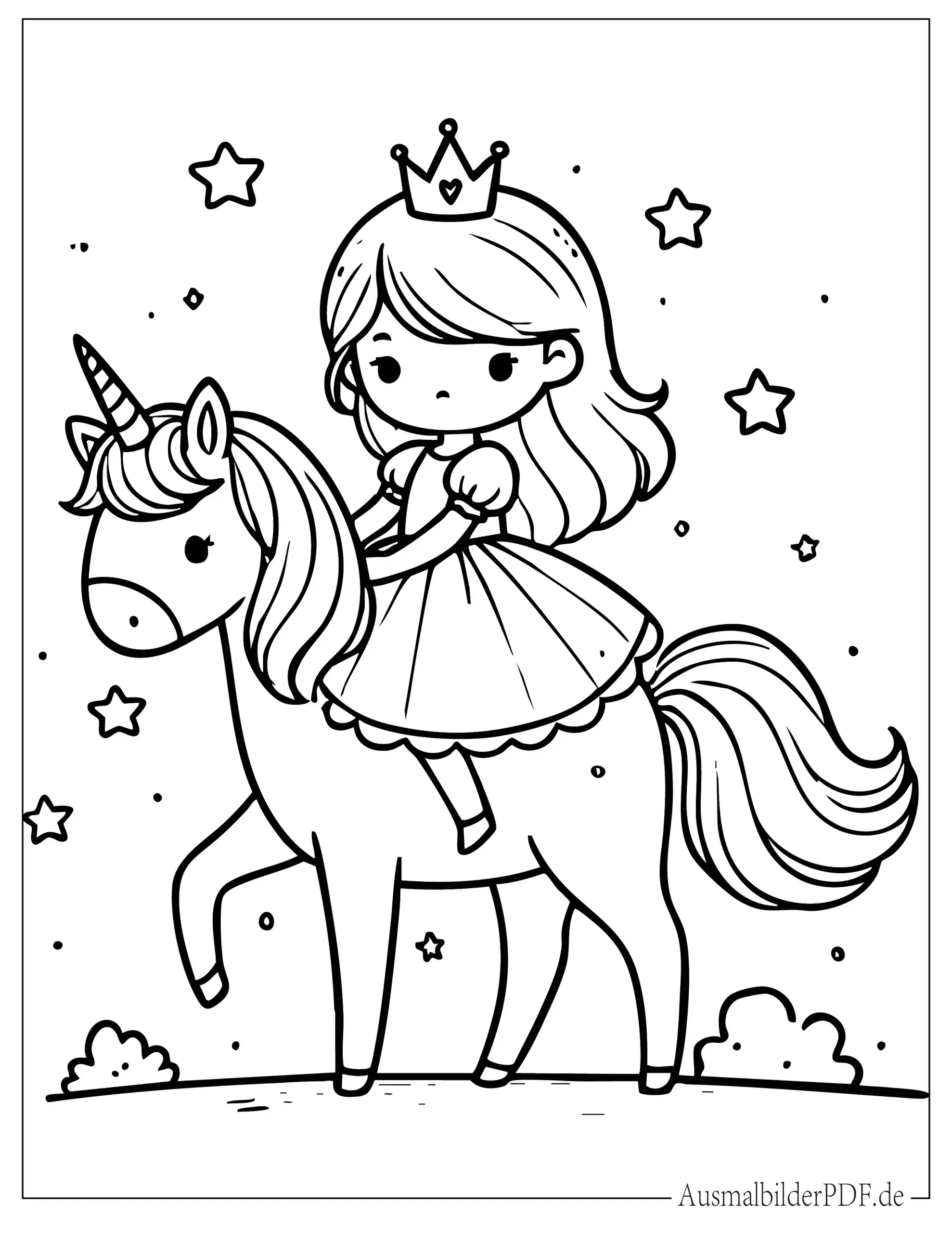 Kleine Chibi Prinzessin reitet auf Einhorn Malbild für kleine Mädchen
