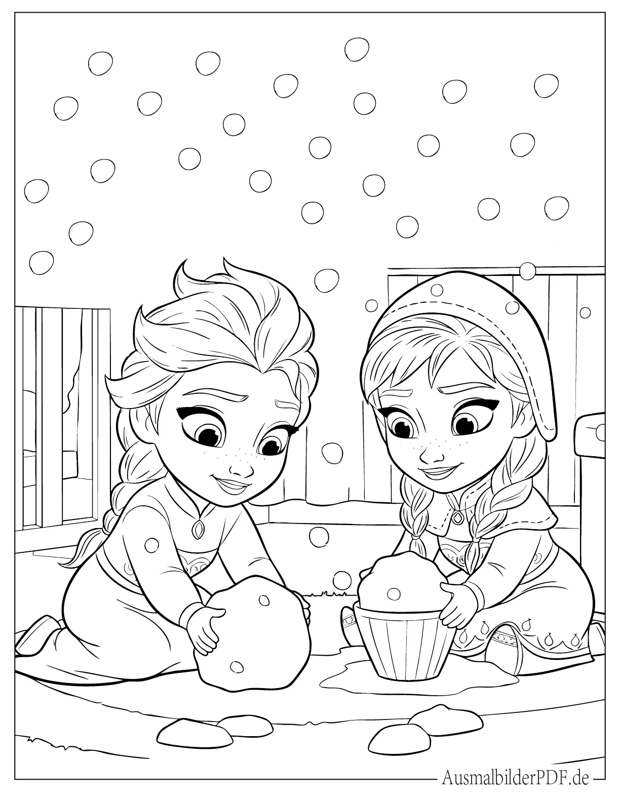 Kleine Prinzessin Elsa und Anna spielen mit Schnee zum Ausmalen