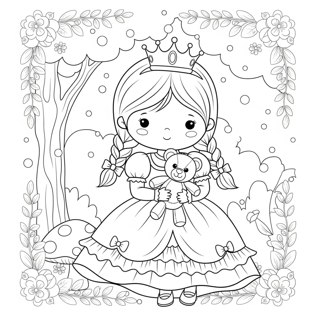 Eine niedliche kleine Prinzessin mit Krone und einem freundlichen Lächeln – perfekt für jüngere Kinder zum Ausmalen.