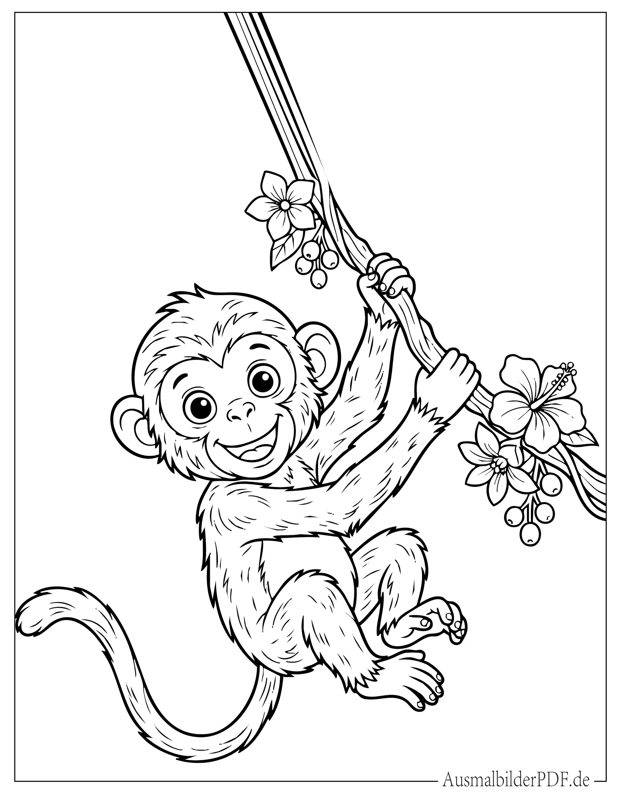 Kleiner Affe schwingt fröhlich an einer Dschungelliane Malvorlage