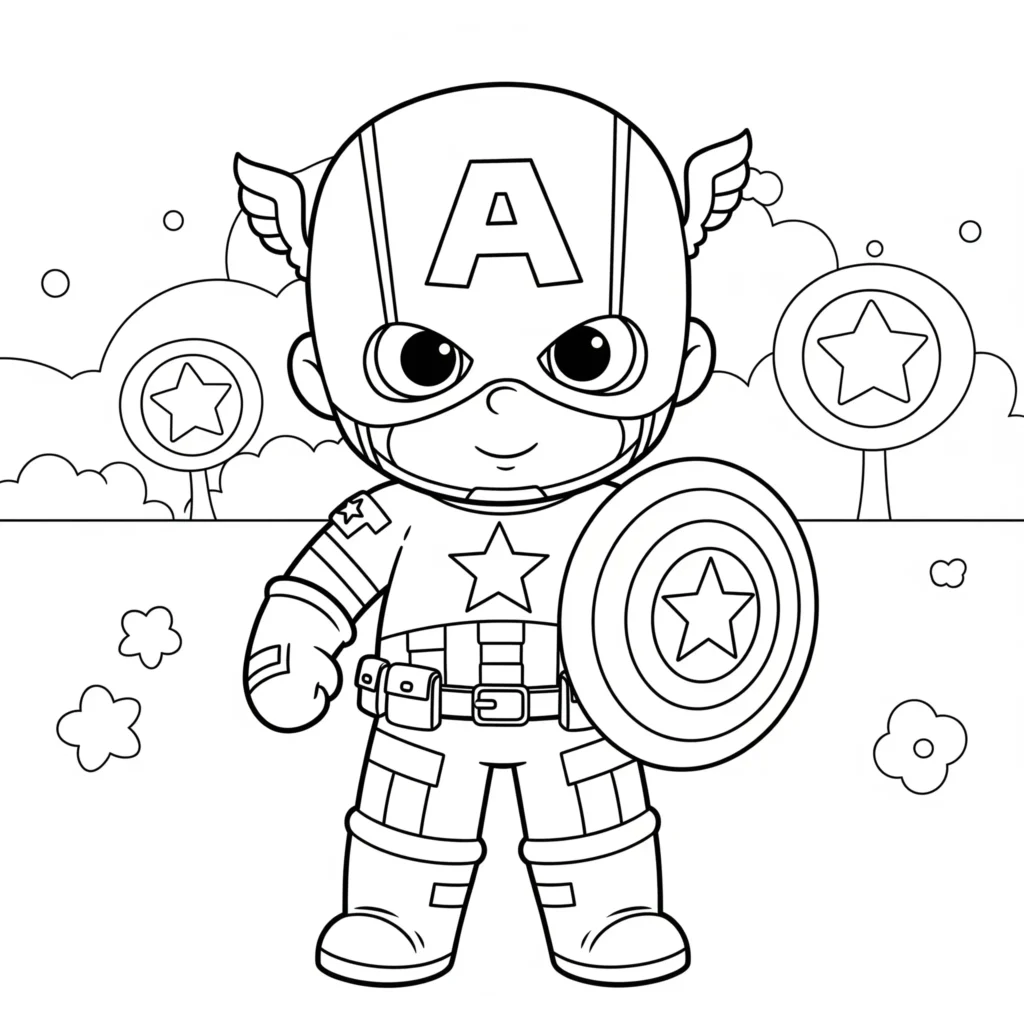 Kleiner Captain America als niedliches Ausmalbild für Kinder, ideal zum Ausdrucken als kostenlose PDF-Vorlage