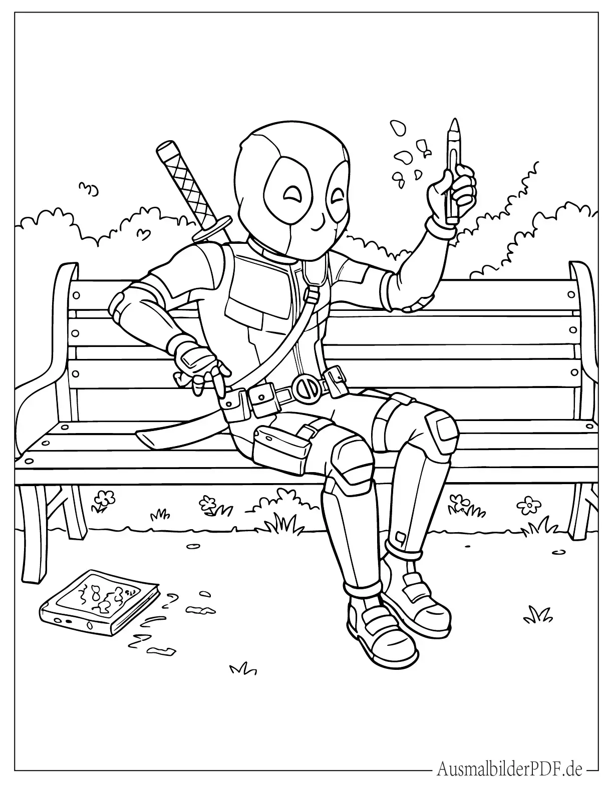 18 Deadpool Ausmalbilder (Gratis Malvorlagen zum drucken) Kleiner Deadpool auf Bank zum Ausmalen