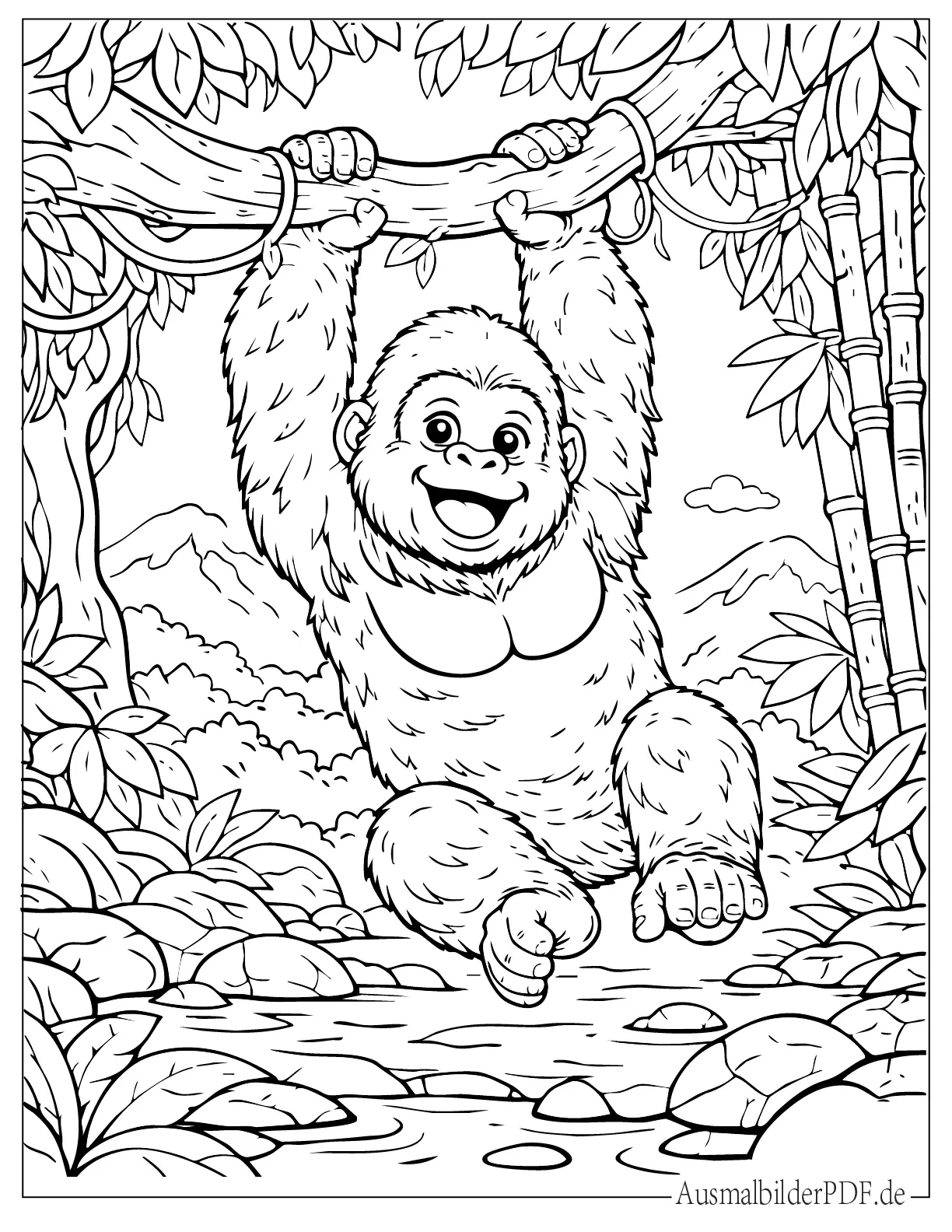 Kleiner Gorilla schwingt am Baum im Dschungel Ausmalvorlage