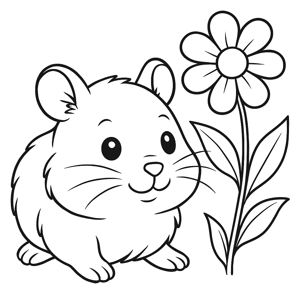 Hamster ausmalbilder – kleiner Hamster kriecht neben einer Blume