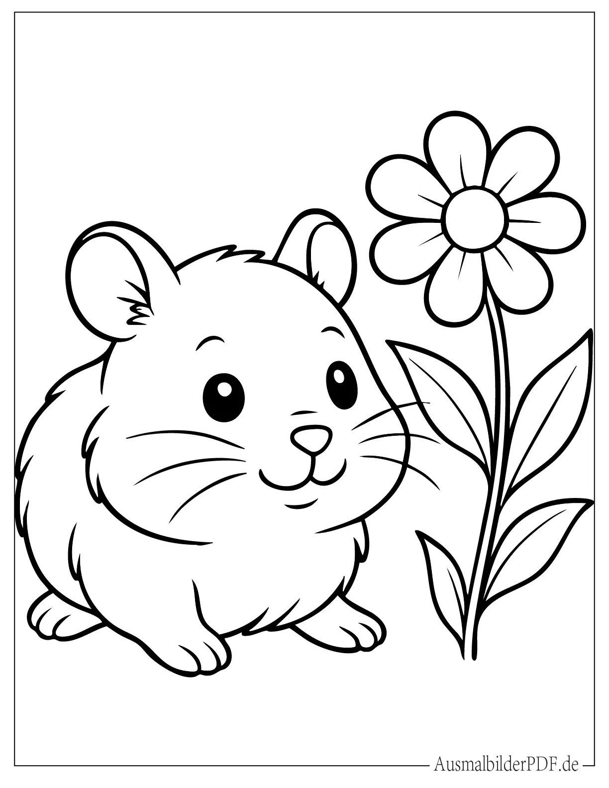 Kleiner Hamster krabbelt neben einer Blume zum Ausmalen für Kinder