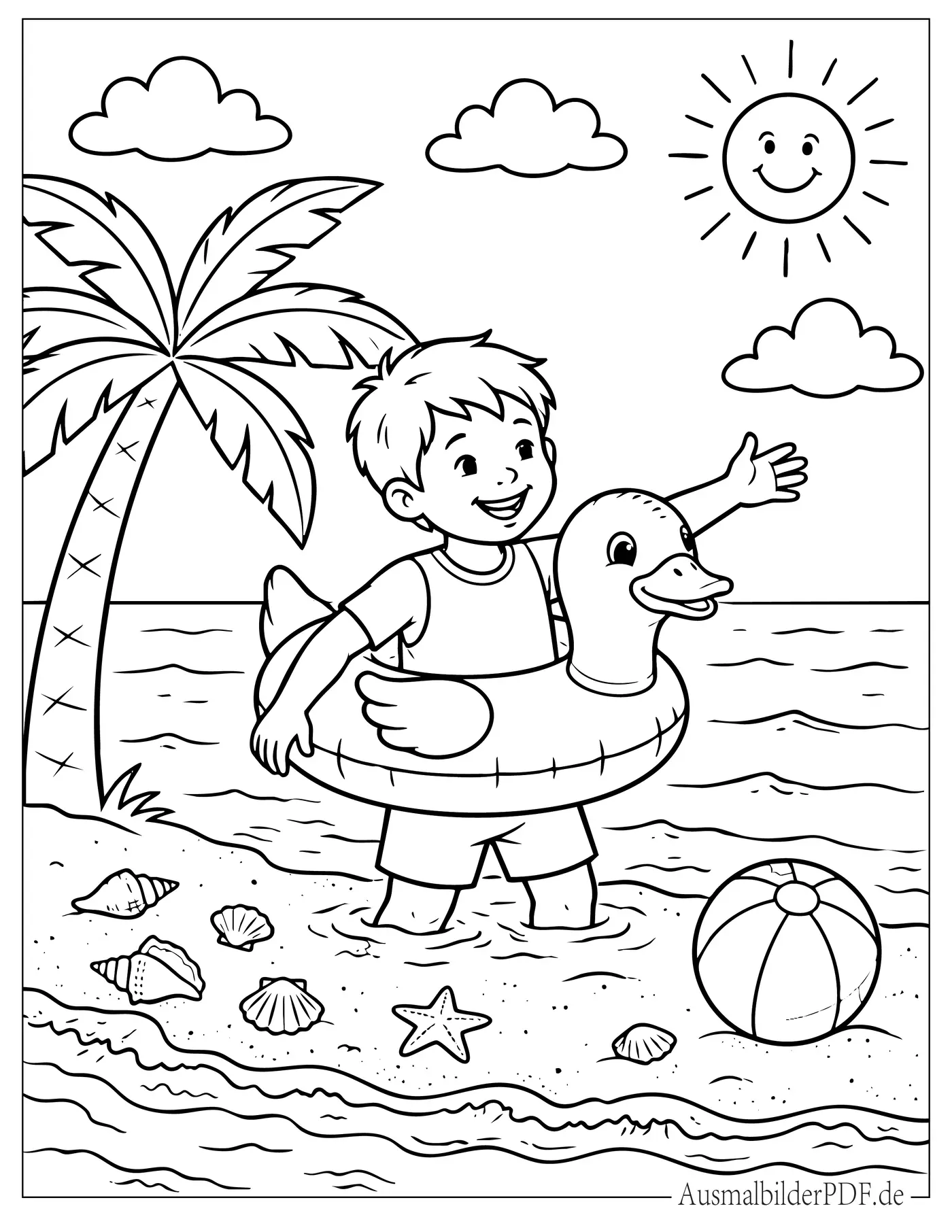 Kleiner Junge mit Enten Schwimmring im Sommer Ausmalbild zum Ausdrucken