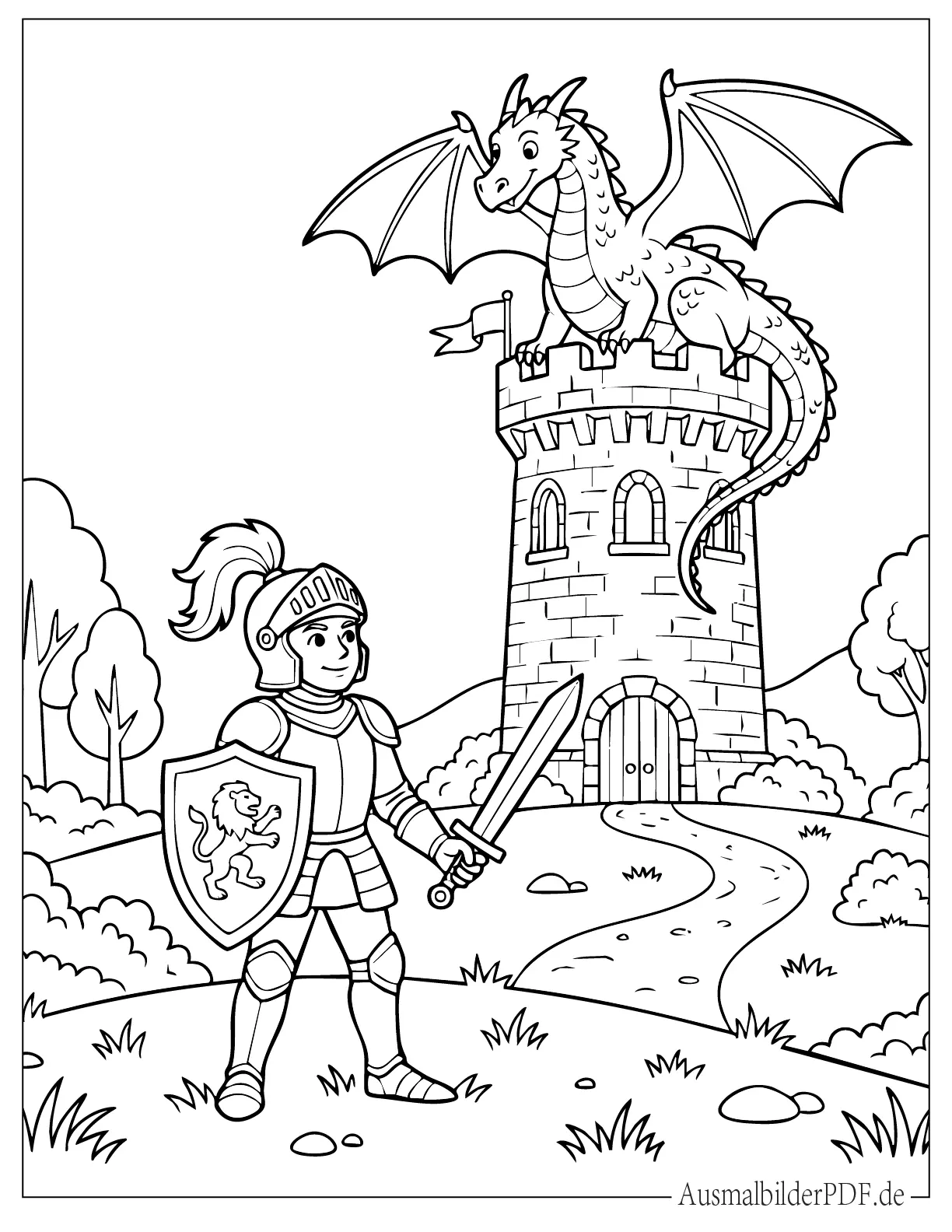 Kleiner Ritter vor Schlossturm mit Drache Ausmalbild