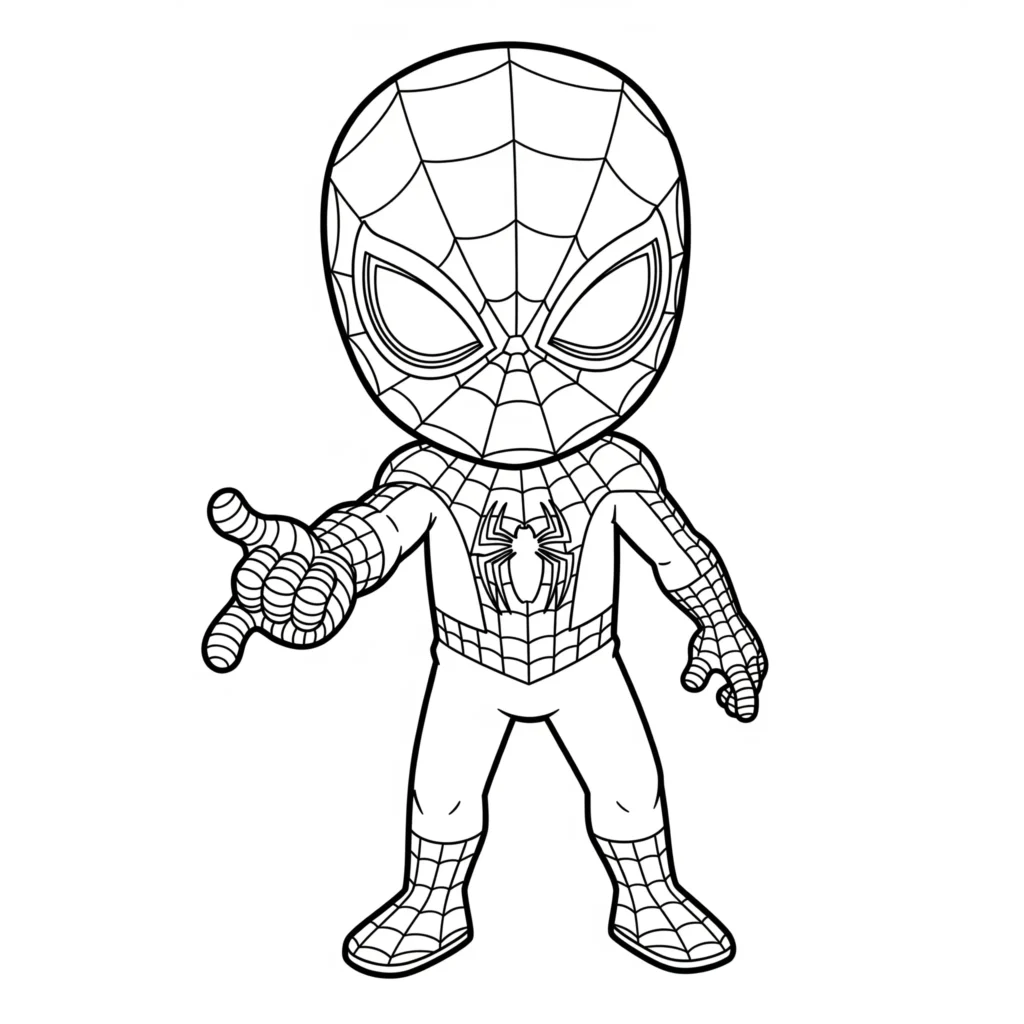 Süß gezeichneter kleiner Spiderman im Comicstil – kindgerechtes Ausmalbild zum kostenlosen Ausdrucken für Vorschule und Grundschule