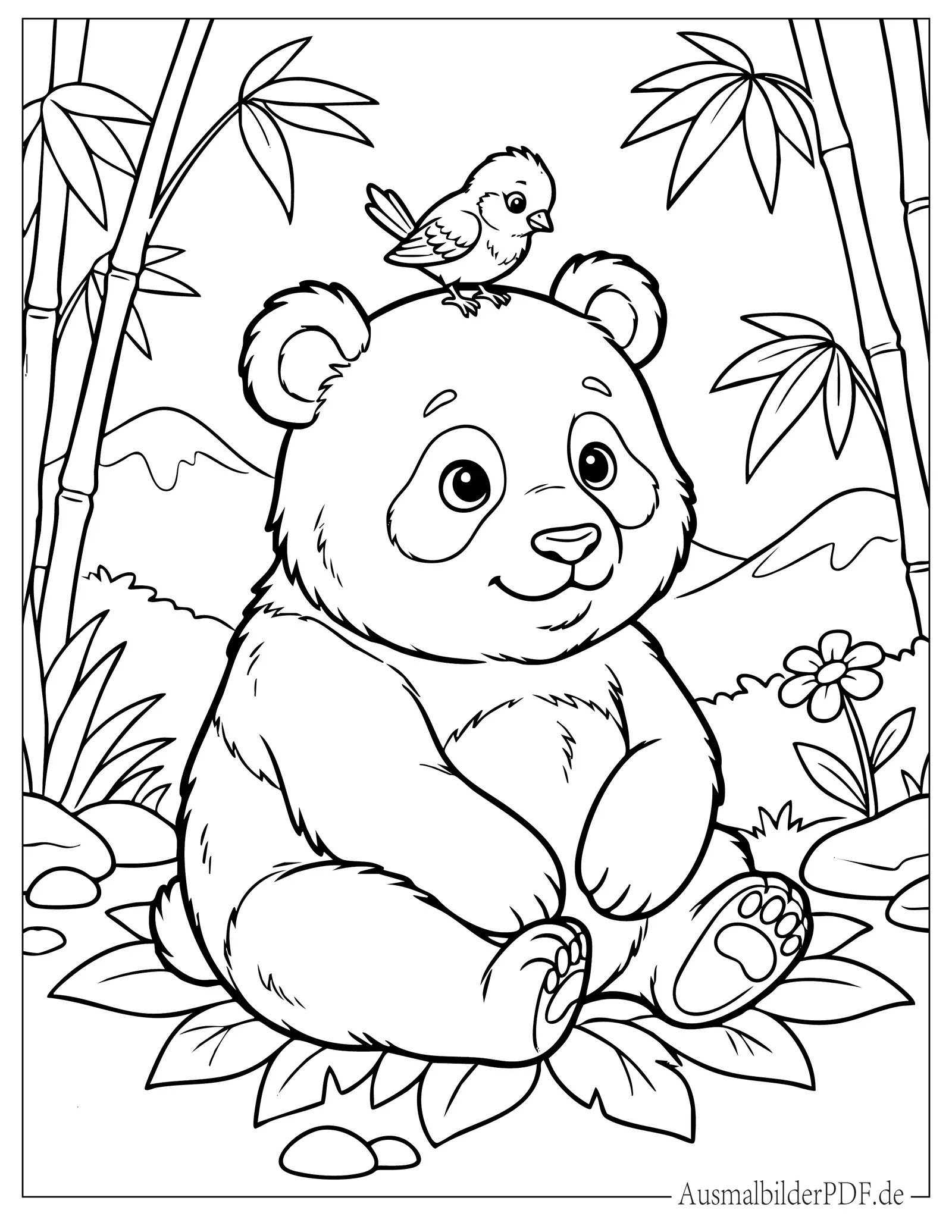 Kleiner Vogel sitzt auf Baby Pandas Kopf Ausmalbild