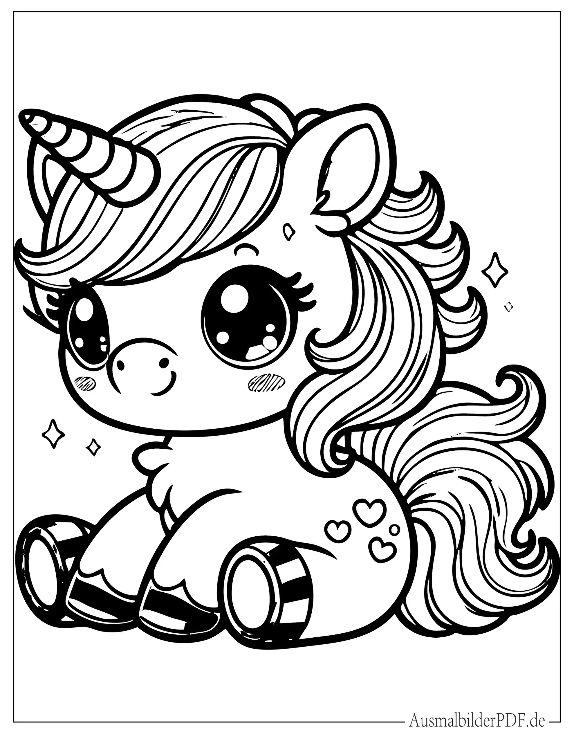 Kleines Kawaii Einhorn mit großen Augen Ausmalbild für kleine Kinder