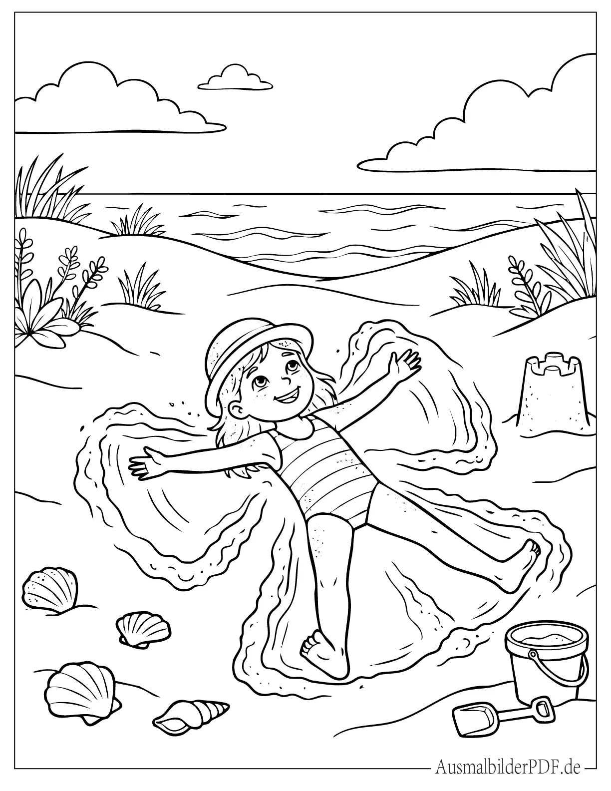 16 Strand Ausmalbilder (Gratis Malvorlagen zum Ausdrucken) Kleines Mädchen spielt im Sand zum Ausmalen