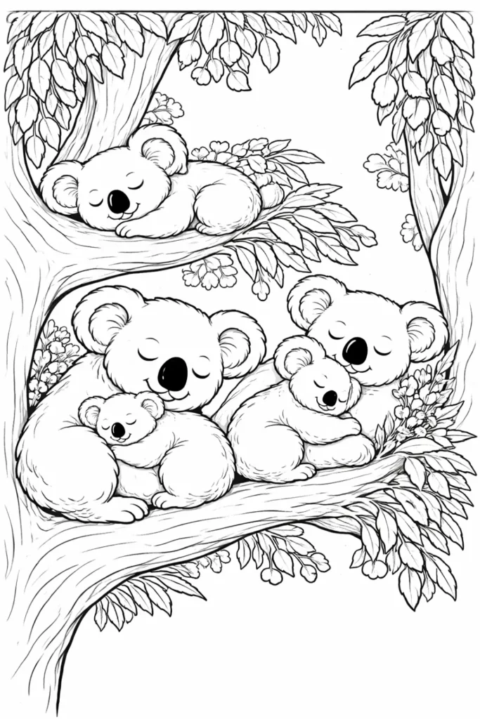 Liebevolles Ausmalbild mit mehreren Koalas die zusammen in einem Baum ruhen als kostenlose Vorlage für Kinder