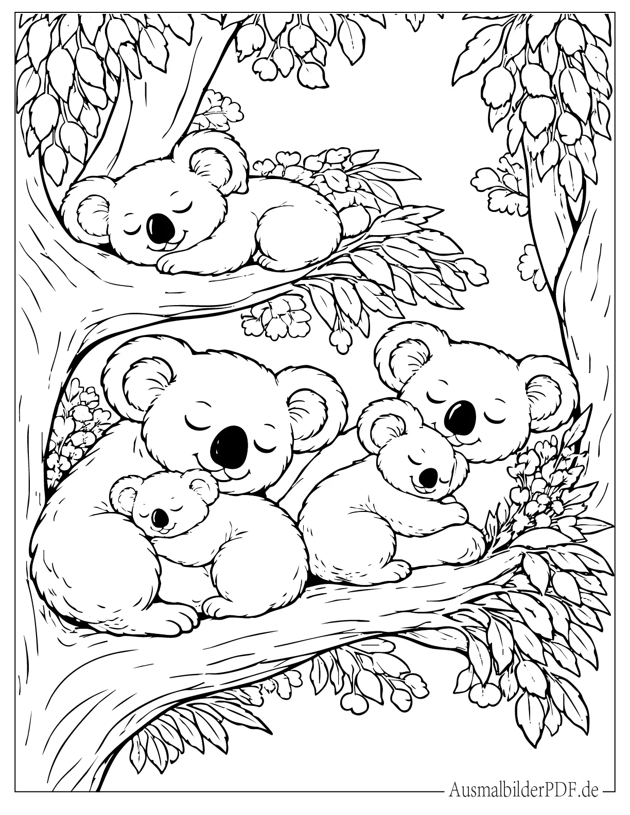 Fünf Koalas schlafen auf Baumästen Ausmalbild